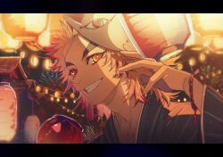  1boy black_border black_kimono blonde_hair border bracelet candy_apple colored_tips food forked_eyebrows fpsejr_gg grin holding holding_candy_apple holding_food japanese_clothes jewelry kimetsu_no_yaiba kimono lantern_festival letterboxed male_focus mask mask_on_head medium_hair multicolored_hair red_eyes red_hair rengoku_kyoujurou ringed_eyes sidelocks smile solo teeth two-tone_hair upper_body yellow_eyes 