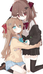 2girls aqua_bow aqua_bowtie badge bandaid bandaid_on_knee bandaid_on_leg black_cardigan black_skirt black_socks black_thighhighs blue_eyes blue_sailor_collar blue_skirt bow bowtie broken_heart broken_heart_hair_ornament brown_hair brown_shoes button_badge cardigan closed_mouth dddeucediebu evil_neuro-sama from_side hair_between_eyes hair_ornament hair_ribbon hashtag-only_commentary heart heart_hair_ornament highres hug light_blush long_hair long_sleeves miniskirt multiple_girls neuro-sama pleated_skirt red_bow red_bowtie red_eyes red_ribbon ribbon sailor_collar shoes siblings simple_background single_sock single_thighhigh sisters skirt smile socks thigh-highs torn_hair_ribbon twins vedal_ai virtual_youtuber white_background yellow_cardigan 