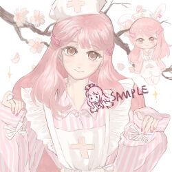  1girl absurdres animal_ear_piercing animal_ears bone_hair_ornament branch brown_eyes cherry_blossoms chibi chinese_commentary closed_mouth collared_shirt commentary_request cross cross_print eyelashes flower frilled_straps hair_ornament hairclip happy hat highres light_blush lips long_hair long_sleeves miaoliang01075 multiple_views nail_polish nikki_(nikki) nikki_(series) nurse nurse_cap overalls petals pink_flower pink_hair pink_nails pink_shirt print_headwear print_overalls puffy_long_sleeves puffy_sleeves rabbit_ears ribbon sample_watermark shirt sidelocks single_ear_down sleeve_ribbon sleeves_past_wrists smile sparkle striped_clothes striped_shirt two-tone_shirt upper_body vertical-striped_clothes vertical-striped_shirt very_long_hair watermark wavy_hair white_background white_hat white_overalls white_ribbon white_shirt 