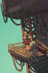 blue_sky closed_eyes colored_skin construction_site grey_skin gurdurr highres holding i-beam muscular petite_echorizon pokemon pokemon_(creature) sitting sky stairs timburr wire 