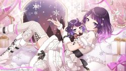  arm_warmers black_ribbon blush boots commentary_request dress earrings gift highres idolmaster idolmaster_shiny_colors idolmaster_shiny_colors_song_for_prism jewelry lace looking_at_viewer official_art purple_hair ribbon snowflake_ornament snowflake_print star_(symbol) star_earrings tanaka_mamimi thigh-highs tree violet_eyes white_boots white_dress window winter 
