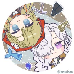  2girls :3 blonde_hair blue_eyes blue_gemstone brown_coat brown_jacket chibi closed_mouth coat fang fang_out fish fur-trimmed_coat fur_trim gem green_necktie grey_background hair_over_one_eye headscarf highres jacket long_hair looking_at_viewer mole mole_under_eye mole_under_mouth mossi_(mossi0816) multiple_girls necktie one_eye_covered pickaxe red_headscarf red_scarf reverse:1999 rock rotational_symmetry round_image ruler scarf shirt smile twitter_username upper_body upside-down vila_(reverse:1999) violet_eyes white_shirt windsong_(reverse:1999) 