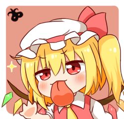  1girl ascot blonde_hair blush chibi commentary_request crystal_wings flandre_scarlet hand_on_screen hat hat_ribbon licking_screen looking_at_viewer red_eyes red_ribbon revision ribbon shirt short_hair short_sleeves side_ponytail solo sparkle tongue tongue_out touhou white_shirt wings yellow_ascot yige_lurenjia 