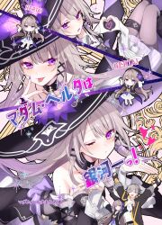  1boy 2girls absurdres black_choker black_dress black_hat blowing_kiss caelus_(honkai:_star_rail) choker detached_sleeves dress flower grey_hair hat hat_flower herta_(honkai:_star_rail) herta_(puppet)_(honkai:_star_rail) highres honkai:_star_rail honkai_(series) jewelry key key_choker key_necklace multiple_girls necklace official_alternate_design purple_flower the_herta_(honkai:_star_rail) tonomiya68 trailblazer_(honkai:_star_rail) translation_request violet_eyes witch_hat 