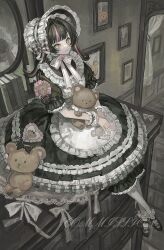  1girl absurdres apron black_dress black_hair black_shoes blunt_bangs bonnet book bow bowtie closed_mouth commission dress frilled_apron frilled_dress frilled_sleeves frills full_body hair_intakes highres huang_du_du indoors looking_at_viewer multicolored_hair original pink_hair shoes short_sleeves sitting smile solo streaked_hair stuffed_animal stuffed_toy teddy_bear two-tone_hair white_apron white_bonnet white_bow white_bowtie yellow_eyes 