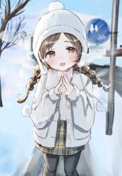  1girl bare_tree beanie black_pantyhose blue_sky braid braided_twintails breath brown_eyes brown_hair clouds coat commentary_request day earflap_beanie feet_out_of_frame gakuen_idolmaster green_skirt hair_bobbles hair_ornament hands_up hat highres idolmaster kuramoto_china long_sleeves looking_at_viewer maruno_zzz miniskirt open_clothes open_coat open_mouth own_hands_together pantyhose parted_bangs plaid_clothes plaid_skirt pom_pom_(clothes) pom_pom_hat_ornament ribbed_sweater road road_sign sign skirt sky snow solo standing steepled_fingers sweater tree twin_braids twintails unbuttoned white_coat white_hat white_sweater winter 