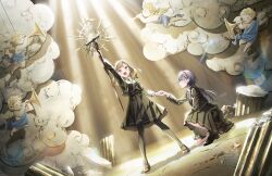  2girls :o black_jacket black_pantyhose black_shoes black_skirt black_socks black_sweater_vest blazer breasts broken_pillar brown_hair brown_shoes ceras_yanagida_lilienfeld ceras_yanagida_lilienfeld_(cosplay) cherub collared_shirt cosplay dress_shirt dutch_angle full_body game_cg green_necktie highres holding holding_staff jacket kachimachi_kosuzu katsuragi_izumi lens_flare link!_like!_love_live! love_live! mary_janes medium_breasts medium_skirt microphone mizukawa_school_uniform multiple_girls necktie non-web_source official_alternate_costume official_art on_one_knee open_clothes open_jacket open_mouth pantyhose pink_eyes pleated_skirt red_necktie school_uniform shirt shoes skirt socks staff stage standing sweater_vest taking_another's_hand teeth upper_teeth_only v-shaped_eyebrows virtual_youtuber white_shirt 