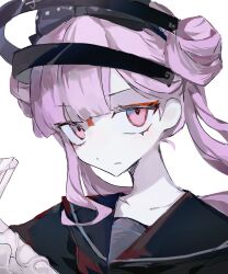  1girl black_bow black_shirt bow chinese_commentary closed_mouth collarbone commentary_request double_bun eyeliner hair_bow hair_bun highres last_defense_academy_school_uniform light_frown long_hair makeup pink_eyes pink_hair portrait red_eyeliner sailor_collar sailor_shirt sanpaku school_uniform shirt simple_background single_sidelock solo the_hundred_line_-last_defense_academy- tsukumo_kako twintails variant_set white_background yipinmeng 