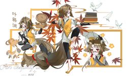  1boy bird black_cat black_pants book brown_cat brown_hair brown_tail cat chinese_clothes commentary_request covering_own_mouth facial_mark fluffy_tail food_in_mouth forehead_mark full_body glasses highres holding holding_book leaf long_hair looking_at_animal male_focus maple_leaf miyouer919 multiple_cats multiple_views orange_vest pants pile_of_books red_eyes shoes standing standing_on_one_leg upper_body vest white_bird ye_shiyuan yellow_shoes zenless_zone_zero 