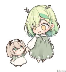  2girls :o aged_down arms_at_sides bag blonde_hair braid ceres_fauna chibi child crossed_bangs dress earrings english_commentary eyes_visible_through_hair facing_up flower frilled_dress frills goat_horns green_dress green_eyes green_ribbon green_sleeves hair_between_eyes hair_flower hair_ornament hat heart-shaped_mouth highres holding_hands hololive hololive_english horns indie_virtual_youtuber jewelry long_hair long_sleeves looking_at_another looking_up medium_hair multicolored_hair multiple_girls nimi_nightmare nurse_cap open_mouth parted_bangs puffy_short_sleeves puffy_sleeves ribbon rinrihime shirt short_sleeves shoulder_bag simple_background single_braid solid_circle_eyes streaked_hair twig twitter_username virtual_youtuber voice_actor_connection white_background white_dress white_ribbon white_shirt white_sleeves yellow_eyes 