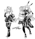 2girls animal_ear_fluff animal_ears arknights bag bangs blush boots box closed_mouth copyright_name elbow_gloves eyebrows_visible_through_hair gift gift_box gloves gravel_(arknights) greyscale hand_fan hand_up highres holding holding_box jacket knee_boots kyou_zip long_hair long_sleeves looking_at_viewer monochrome multiple_girls off_shoulder open_clothes open_jacket pantyhose paper_fan puffy_long_sleeves puffy_sleeves rabbit_ears savage_(arknights) shirt shopping_bag simple_background skirt smile standing standing_on_one_leg swept_bangs thigh-highs thighhighs_under_boots twitter_username two_side_up very_long_hair white_background