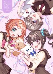  1boy 2girls :d ;d animal blue_scrunchie blush brown_hair brown_skirt brown_vest cat commentary dog glasses green_eyes grey_hair hair_ornament hair_scrunchie heart heart_background highres holding holding_animal inukai_iroha inukai_komugi inukai_komugi_(dog) kuzumochi_(hgnon82) long_hair multiple_girls necktie nekoyashiki_yuki nekoyashiki_yuki_(cat) one_eye_closed open_mouth orange_hair pink_background pleated_skirt precure rabbit red_eyes red_necktie scrunchie shirt short_hair side_ponytail signature skirt smile three-quarter_sleeves toyama_daifuku toyama_daifuku_(rabbit) toyama_satoru twitter_username upper_body vest violet_eyes watermark white_shirt wonderful_precure! 