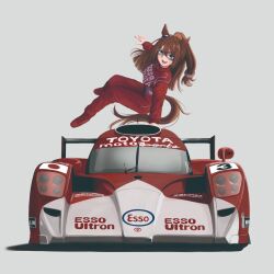  1girl absurdres animal_ears blue_eyes bow brown_hair car domino_mask ear_bow ear_ornament ear_scrunchie el_condor_pasa_(umamusume) eye_mask full_body hashtag-only_commentary highres horse_ears horse_girl horse_tail long_sleeves mask motor_vehicle race_vehicle racecar racing_suit red_racing_suit tail toyota toyota_ts020 umamusume yanparap 