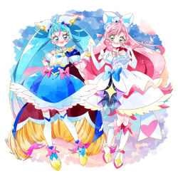  2girls absurdres ankle_boots ascot blue_boots blue_bow blue_cape blue_dress blue_eyes blue_hair blue_sky boots bow braid brooch cape center_frills clouds cloudy_sky commentary crown_braid cure_prism cure_sky cut_bangs detached_sleeves dress dress_bow earclip earrings elbow_gloves fingerless_gloves frilled_dress frills fringe_trim glove_bow gloves gradient_hair green_eyes hair_bow hair_ornament highres hirogaru_sky!_precure holding_hands jewelry knee_boots layered_dress long_hair looking_at_viewer magical_girl medium_dress mismatched_earrings multicolored_hair multiple_girls nijigaoka_mashiro open_mouth pink_bow pink_hair potacure precure puffy_detached_sleeves puffy_sleeves red_cape side-by-side side_braids single_earring single_sidelock sky sleeveless sleeveless_dress smile sora_harewataru standing streaked_hair thigh-highs twintails two-sided_cape two-sided_fabric two-tone_dress two-tone_hair very_long_hair white_ascot white_boots white_bow white_dress white_gloves white_thighhighs wing_brooch wing_hair_ornament 