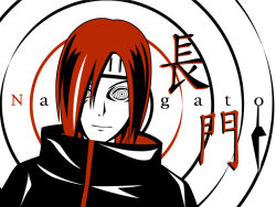  1boy akatsuki_uniform amaebi_umi amegakure_symbol character_name closed_mouth commentary_request forehead_protector hair_over_one_eye high_collar long_sleeves male_focus nagato_(naruto) naruto_(series) naruto_shippuuden ninja one_eye_covered red_hair rinnegan short_hair smile solo translation_request 