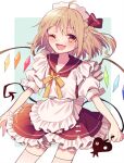  1girl ahoge alternate_costume bangs blonde_hair blush commentary_request crystal enmaided fang flandre_scarlet laevatein_(touhou) looking_at_viewer maid maid_headdress one_eye_closed one_side_up open_mouth pointy_ears puffy_short_sleeves puffy_sleeves red_eyes short_hair short_sleeves skin_fang solo touhou touya_(konpekitou) wings 
