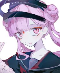  1girl black_bow black_shirt bow chinese_commentary collarbone commentary_request double_bun eyeliner hair_bow hair_bun highres last_defense_academy_school_uniform long_hair makeup open_mouth pink_eyes pink_hair portrait red_eyeliner sailor_collar sailor_shirt sanpaku school_uniform shirt simple_background single_sidelock solo the_hundred_line_-last_defense_academy- tsukumo_kako twintails variant_set white_background yipinmeng 