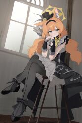  1girl absurdres animal_ear_fluff animal_ears black_headband black_overskirt black_pantyhose blue_archive cat_ears choker cosplay crossed_legs d_(delt4) dress flower fluffy_hair frilled_choker frills grey_dress grey_feathers halo hat hat_flower headband highres idol_clothes interlocked_fingers looking_at_viewer low_twintails mari_(blue_archive) mari_(blue_archive)_(cosplay) mari_(idol)_(blue_archive) mini_hat mini_top_hat official_alternate_costume orange_hair pantyhose rose sitting solo top_hat twintails wrist_wrap yellow_flower yellow_halo yellow_rose 