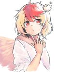  &gt;_&lt; 1girl bird bird_wings blonde_hair chick closed_eyes eyebrows_visible_through_hair flying_sweatdrops ginnkei looking_at_viewer multicolored_hair niwatari_kutaka open_mouth red_eyes redhead short_sleeves simple_background touhou two-tone_hair upper_body white_background wings yellow_wings 
