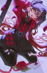  1girl belt black_bow blush bow bowtie brown_hair buttons choker cute envelope genshin_impact gradient_hair hair_between_eyes hand_up head_tilt highres hu_tao_(genshin_impact) indol juliet_sleeves letter long_hair long_sleeves nail_polish orange_eyes petals red_bow red_ribbon red_shirt ribbon rose rose_petals ruffles skirt solo symbol-shaped_pupils thighhighs tongue_out twintails wax_seal zettai_ryouiki 