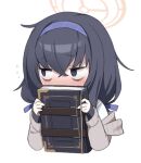  @_@ aumann black_hair blue_archive blue_eyes blue_hairband blush book covering_mouth flying_sweatdrops hair_between_eyes hairband halo holding holding_book long_hair long_sleeves looking_away lowres simple_background solo ui_(blue_archive) white_background 