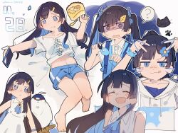  1girl ? ^_^ alternate_costume ascot backpack bag bird blue_ascot blue_bag blue_eyes blue_hair blue_overalls blue_scrunchie blue_shorts blush cat_symbol cellphone cevio chips_(food) closed_eyes clothes_writing collared_dress collared_shirt colored_inner_hair crime_prevention_buzzer dated dress floating_hair flower flower_hairclip food futaba_kominato futaba_minato hair_flower hair_ornament hairclip hashtag-only_commentary highres hood hoodie jitome leaf_hair_ornament long_hair loungewear lying midriff multicolored_hair multiple_persona multiple_views navel nimingduz on_back open_mouth overalls pawpads phone ponytail potato_chips puff_of_air scrunchie shaded_face shirt shorts sleeveless sleeveless_dress smartphone smile speech_bubble sweatdrop tongue tongue_out twintails v-shaped_eyebrows white_dress white_hoodie white_shirt wrist_scrunchie 