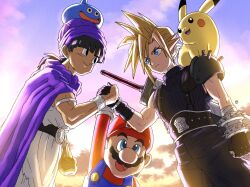  cloud_strife handshake hero_(dq5) highres mario pikachu slime_(dragon_quest) super_smash_bros. yuto_sakurai 
