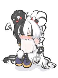  1girl absurdres ahoge bare_shoulders black_hair blush braid braided_twintails commentary detached_sleeves dialyn_(zenless_zone_zero) double_bun english_commentary hair_bun hair_extensions hair_intakes hair_ornament half-closed_eyes highres hugging_own_legs kesiutu knees_to_chest long_hair multicolored_hair panda_hair_ornament ring_hair_extensions short_eyebrows simple_background solo sparkling_eyes split-color_hair squiggle tears thick_eyebrows thigh-highs white_background white_hair white_thighhighs yellow_eyes zenless_zone_zero 