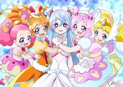  5girls :d ahoge angel_wings animal_ears aqua_hair arm_behind_back back_ribbon bear_ears blonde_hair bloomers blue_background blue_eyes blush_stickers boots bow bracelet bright_pupils brooch bubble_background bubble_skirt candy_(smile_precure!) chest_bow child choker collarbone colored_tips commentary cowboy_shot crossed_bangs cure_mofurun cure_pekorin cure_puca delicious_party_precure double_bun doughnut dress feathered_wings food food-themed_hair_ornament fox_ears fox_girl fox_tail frilled_wrist_cuffs frills gloves gold_bracelet gold_tiara grey_hair group_hug hair_between_eyes hair_bun hair_ornament happy hat hat_bow head_wings heart heart_brooch heart_hair_ornament highres hug in-franchise_crossover jewelry kirakira_precure_a_la_mode kome-kome kome-kome_(human) kome-kome_(human)_(children's_lunch_dress) light_blush long_hair looking_at_viewer magical_girl mahou_girls_precure! maid_headdress medium_dress medium_hair mini_hat mini_witch_hat mofurun_(mahou_girls_precure!) multicolored_hair multiple_girls open_mouth orange_dress orange_hair pekorin_(precure)_(human) pink_boots pink_bow pink_dress pink_eyes pink_hair pink_tail precure precure_all_stars precure_all_stars_f puca_(precure) puffy_short_sleeves puffy_sleeves rabbit_ears royal_candy see-through_clothes see-through_sleeves short_sleeves signature skirt smile smile_precure! star_(symbol) star_in_eye symbol_in_eye tail tareme thick_eyebrows tiara tirofinire trait_connection twintails two-tone_hair white_choker white_gloves white_wings white_wrist_cuffs wings witch_hat wrist_cuffs yellow_bloomers yellow_dress yellow_gloves yellow_hat 