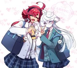  2girls ^_^ ahoge aqua_cardigan aqua_jacket bag black_hairband blazer blue_skirt blush cardigan closed_eyes closed_mouth collared_shirt commentary_request cowboy_shot dark-skinned_female dark_skin frown gundam gundam_suisei_no_majo hairband hands_up heart heart_background heart_hands heart_hands_duo izumiya_otoha jacket layered_sleeves long_hair long_sleeves miorine_rembran multiple_girls necktie open_clothes open_jacket open_mouth partially_unbuttoned plaid_clothes plaid_skirt pleated_skirt red_hair red_necktie school_bag school_uniform shirt short_eyebrows short_hair_with_long_locks shoulder_bag skirt smile suletta_mercury v watermark white_background white_cardigan white_eyes white_hair white_jacket white_shirt wing_collar yellow_necktie 