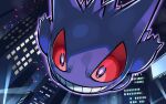  black_eyes bright_pupils building colored_sclera commentary_request gengar glowing grin hyou_(hyouga617) night no_humans outdoors pokemon pokemon_(creature) red_sclera smile solo teeth 