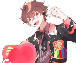  1boy balloon brown_hair collared_shirt earrings ensemble_stars! finger_heart hair_between_eyes hand_up headset heart heart_balloon holding holding_balloon jewelry long_sleeves looking_at_viewer male_focus morisawa_chiaki official_alternate_costume open_mouth ring shirt short_hair simple_background smile solo szhr_chise upper_body white_background 