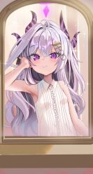  1girl absurdres adjusting_hair ahoge alternate_hairstyle armpits blue_archive blurry blush breasts collared_shirt demon_girl demon_horns depth_of_field ento_(user_jjce7387) hair_between_eyes hair_ornament hair_ribbon hairclip halo happy highres hina_(blue_archive) horns indoors long_hair looking_at_viewer mirror official_alternate_costume presenting_armpit purple_halo reflection ribbon shirt sidelocks sleeveless sleeveless_shirt slit_pupils small_breasts solo standing upper_body violet_eyes wavy_hair white_hair white_shirt 