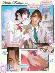  alternate_universe aqua_necktie black_hair breasts brown_hair collared_shirt commentary english_text eren_yeager green_eyes grey_eyes grey_jacket hair_between_eyes highres holding holding_hands holding_ice_cream_cone ice_cream_cone jacket lacampanule looking_at_another low_twintails medium_breasts medium_hair mikasa_ackerman necktie open_mouth photo_background pink_skirt roman_holiday scar scar_on_cheek scar_on_face shingeki_no_kyojin shirt short_hair short_sleeves skirt smile suit_jacket symbol-only_commentary twintails white_shirt wide-eyed 