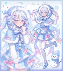  1girl absurdres animal_hood blue_capelet blue_eyes blue_hair blue_shoes blue_skirt blush capelet closed_mouth drop-shaped_pupils full_body furina_(genshin_impact) genshin_impact green_eyes hair_between_eyes hashtag-only_commentary hayun heterochromia highres hood layered_skirt long_hair long_sleeves looking_at_viewer mismatched_pupils multicolored_hair multiple_views open_mouth rabbit_hood shoes skirt smile snowman standing standing_on_one_leg symbol-shaped_pupils thigh-highs white_thighhighs winter_clothes zettai_ryouiki 