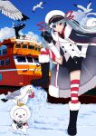  1girl animal animal_on_head bangs binoculars bird bird_on_head blue_eyes blue_hair blush boat boots buttons clothed_animal coat coat_on_shoulders collared_shirt crab day double-breasted eyewear_removed fur_trim gloves hair_ornament hand_on_hip hat hatsune_miku highres holding holding_eyewear ice_sculpture jacket knee_up lens_flare long_sleeves mofmama multicolored_hair necktie on_head pink_hair rabbit sailor_hat seagull shirt shorts sky smile snow solo_focus standing standing_on_one_leg striped striped_legwear sunglasses thick_eyebrows thigh-highs vocaloid watercraft white_hair yuki_miku yuki_miku_(2022) 