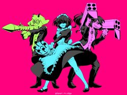1boy 1girl 1other aiming alternate_costume apron black-framed_eyewear black_dress black_horns black_jacket black_pants black_shoes butler clenched_teeth closed_mouth color-coded commentary_request covered_eyes deltarune dress enmaided female_butler frilled_apron frilled_hairband frills full_body gatling_gun glasses goat_boy gun hairband highres holding holding_gun holding_rocket_launcher holding_weapon horns jacket juliet_sleeves kris_(dark_world)_(deltarune) kris_(deltarune) long_hair long_skirt long_sleeves looking_at_viewer maid maid_apron maid_headdress mary_janes minigun one_eye_closed pants pink_background ponytail puffy_sleeves ralsei rocket_launcher round_eyewear sharp_teeth shoes short_hair simple_background skirt smile standing susie_(deltarune) teeth temari_no_utage thigh-highs twitter_username utdr_(toby_fox) vest weapon weapon_request white_hairband