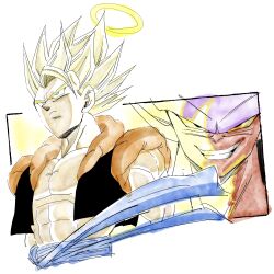  1rasutotoukou 2boys absurdres black_vest blonde_hair blue_sash colored_sclera colored_skin dragon_ball dragon_ball_z gogeta green_eyes halo highres janemba male_focus medium_hair multiple_boys muscular muscular_male no_shirt parted_lips red_skin sash smirk spiky_hair super_saiyan super_saiyan_1 upper_body vest yellow_halo yellow_sclera 