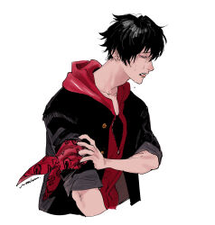  1boy bandana bandana_around_arm black_hair black_jacket black_shirt blush choppy_bangs closed_eyes collarbone cropped_torso crying from_side frown furrowed_brow hair_between_eyes hatching_(texture) highres holding_own_arm hood hood_down hoodie hypnosis_mic jacket jacket_over_hoodie linear_hatching male_focus nose_blush parted_lips partially_unzipped profile raised_inner_eyebrows red_bandana red_hoodie sad shirt short_hair signature simple_background sleeves_rolled_up solo tears very_short_hair white_background woochan_hp yamada_ichiro yamada_ichiro_(tdd) 