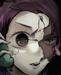  2boys animal boyoyoyooooonn brown_eyes crack cracked_kawaii_mask cracked_mask cracked_skin diavolo green_eyes holding holding_animal holding_frog jojo_no_kimyou_na_bouken male_focus multiple_boys open_mouth pink_hair portrait purple_sweater short_hair solo split_theme spotted_hair sweater teeth uneven_eyes vento_aureo vinegar_doppio 