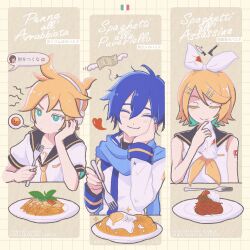  1girl 2boys bass_clef blonde_hair blue_hair blue_nails blue_scarf blush bow check_commentary closed_eyes colored_eyelashes commentary_request eating food fork fried_egg grid_background hair_between_eyes hair_ornament hairclip happy headphones heart highres holding holding_fork italian_flag kagamine_len kagamine_rin kaito_(vocaloid) long_sleeves manmes_214 meiko_(vocaloid) multiple_boys neckerchief necktie pasta plate ribbon scarf shirt short_hair smile spaghetti speech_bubble spoken_emoji translation_request upper_body vocaloid wiping_mouth yellow_background yellow_nails yellow_neckerchief yellow_necktie 