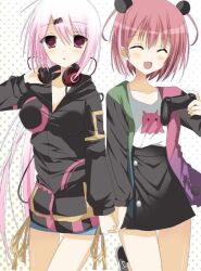  2000s_(style) 2girls :o ^_^ black_hoodie black_skirt black_sleeves blue_shorts blush closed_eyes controller cowboy_shot expressionless faux_retro_artstyle game_controller gradient_hair green_jacket hair_between_eyes hair_ornament hair_ribbon hand_on_headphones headphones headphones_around_neck high-waist_skirt holding holding_controller hood hood_down hoodie interlocked_fingers jacket jpeg_artifacts jpeg_artifacts_on_purpose long_hair long_sleeves looking_at_viewer low_ponytail miniskirt multicolored_hair multicolored_jacket multiple_girls nijisanji open_clothes open_jacket p8vpdb parted_lips pink_eyes pink_hair pink_jacket polka_dot polka_dot_background pom_pom_(clothes) pom_pom_hair_ornament ponytail print_shirt red_ribbon ribbon sasaki_saku sasaki_saku_(2nd_costume) shiina_yuika shiina_yuika_(2nd_costume) shirt short_hair short_shorts shorts sidelocks skirt two-tone_hair two-tone_jacket very_long_hair virtual_youtuber white_background white_hair white_shirt white_streaks 