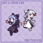  2girls black_bow black_dress blue_hair bow character_name closed_mouth copyright_name dress english_commentary full_body hair_bow len_(tsukihime) long_hair looking_at_viewer melty_blood multiple_girls nghtmrsrph pixel_art pointy_ears purple_background red_eyes smile tsukihime type-moon white_bow white_dress white_hair white_len_(tsukihime) 
