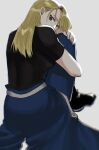  1girl amestris_military_uniform ass blonde_hair brown_eyes fullmetal_alchemist highres long_hair looking_at_viewer military military_uniform ozaki_(tsukiko3) riza_hawkeye simple_background sitting solo uniform 