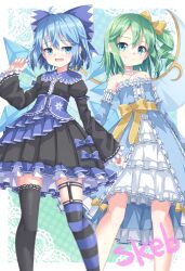  2girls alternate_costume asymmetrical_legwear black_dress black_thighhighs blue_bow blue_dress blue_eyes blue_hair bow cirno commission daiyousei dress fairy fairy_wings frilled_dress frills green_eyes green_hair hair_bow halterneck highres ice ice_wings looking_at_viewer medium_hair mismatched_legwear multiple_girls one_side_up short_hair skeb_commission skirt skirt_under_dress smile striped_clothes striped_thighhighs thigh-highs touhou uumaru white_skirt wings 