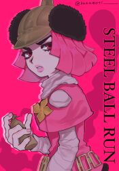  1girl belt black_fur capelet clothing_cutout commentary cream_starter_(stand) deformed dress english_text explosive flower flower_ornament from_side fur_hat gold_belt gold_flower grenade grey_shirt hat highres holding hot_pants_(sbr) jojo_no_kimyou_na_bouken long_sleeves looking_at_viewer parted_lips pink_background pink_capelet pink_dress pink_eyes pink_hair pink_lips pink_nails pink_theme shirt short_hair shoulder_cutout solo stand_(jojo) steel_ball_run twitter_username upper_body 