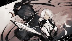  1boy 1girl armor black_gloves black_hair black_robe crown falling_feathers feathers feet_out_of_frame fighting_stance gloves high_ponytail highres holding holding_sword holding_weapon knight logicsterrr long_hair looking_at_viewer nephis_(shadow_slave) ponytail robe shadow_slave shoulder_armor smoke sunny_(shadow_slave) sword weapon white_hair 