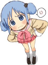  1girl anger_vein angry ankle_socks blue_eyes blue_hair blush bow bowtie frown highres image_in_speech_bubble looking_at_viewer naganohara_mio naganoharamiomio nichijou pink_bow pink_bowtie pink_skirt sailor_collar school_uniform shadow short_hair short_twintails simple_background skirt socks speech_bubble tokisadame_school_uniform twintails white_background white_sailor_collar white_socks 