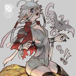 1girl ahoge alisaie_leveilleur bandaged_hand bandaged_neck bandaged_torso bandages bat_(animal) black_thighhighs blue_eyes breasts claws cowboy_shot earrings elezen elf final_fantasy final_fantasy_xiv grey_background grey_hair grey_leotard hair_over_one_eye halloween_costume jacket jewelry leotard medium_breasts mummy_costume open_mouth pointy_ears red_jacket short_hair_with_long_locks sitting solo thigh-highs thighs torn_clothes zerou_pan 