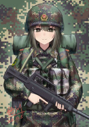 1girl absurdres assault_rifle backpack bag bullpup camouflage camouflage_background china commentary_request dated digital_camouflage gun helmet highres holding holding_gun holding_weapon looking_at_viewer miliki military_combat_uniform military_uniform original people's_armed_police police police_uniform policewoman qbz-95 rifle signature solo straight-on weapon